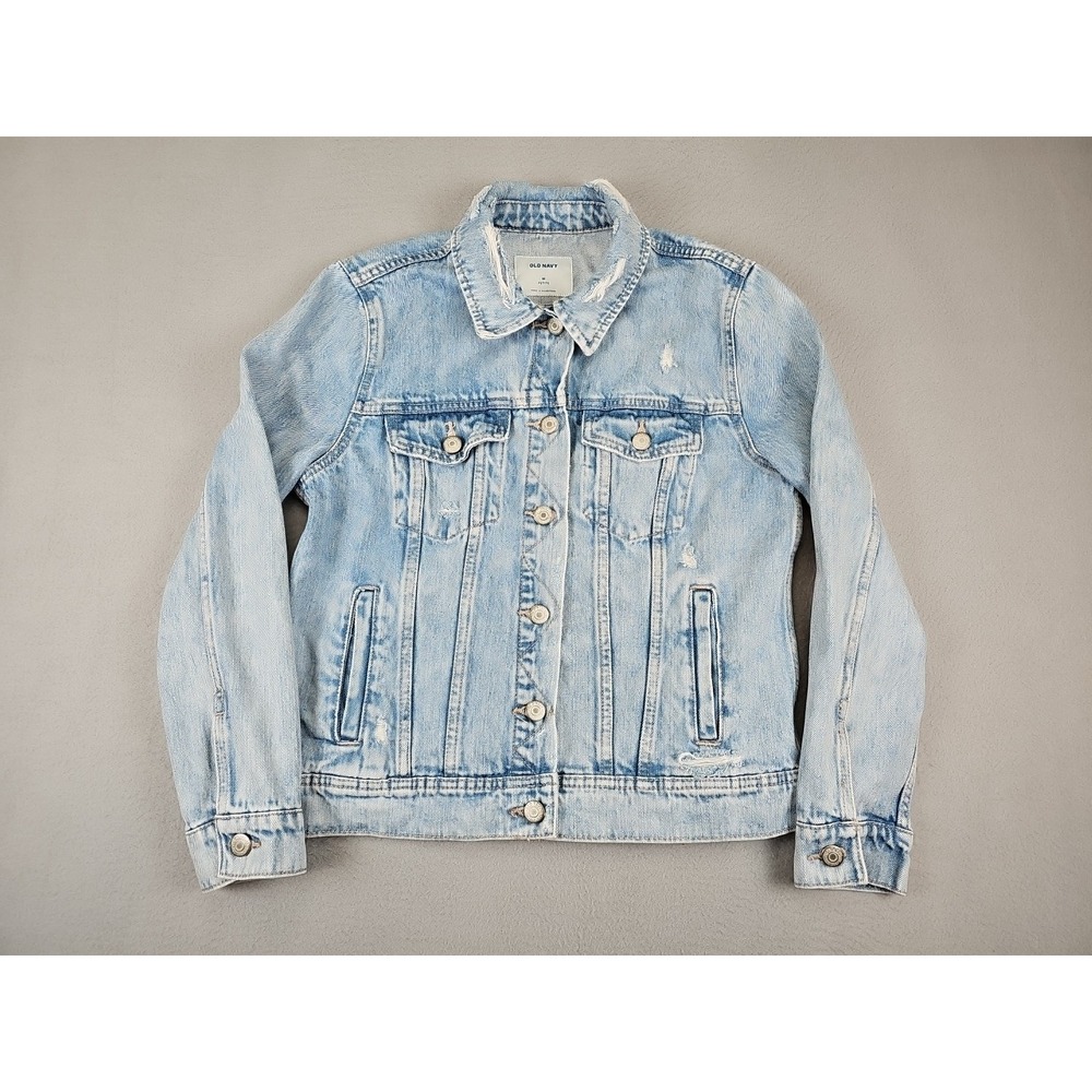Old Navy Denim Jacket Women's‎ Medium Petite Light Blue Distressed Destructed